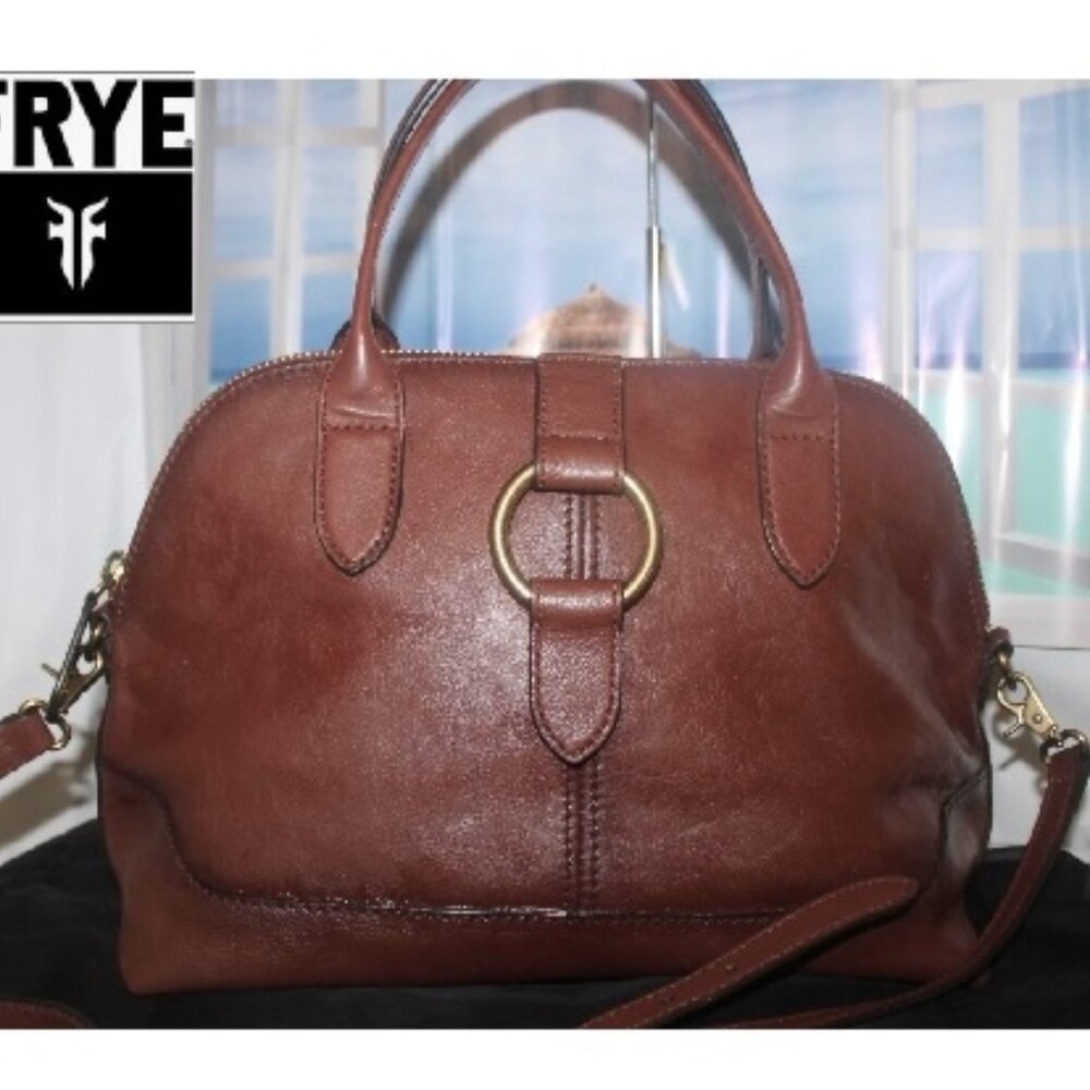 $398 Frye Cognac Leather Brass Ring Dome Satchel Crossbody Shoulder Bag
